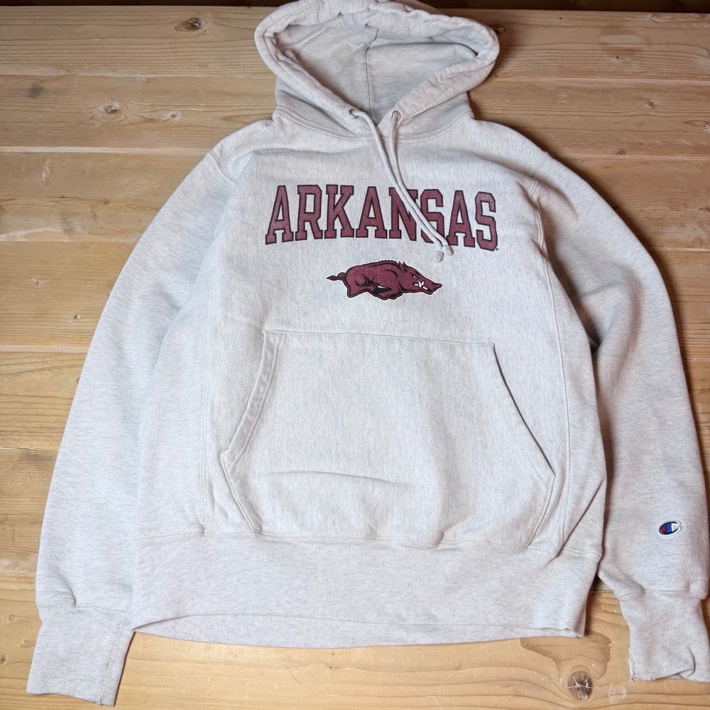 Champion Reverse Weave Arkansas Razorbacks Hoodie Oatmeal Grey Mens Small